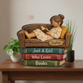 Personalized Wooden Figurine Block: Girl Reading on Book Stack Shelf Decor
