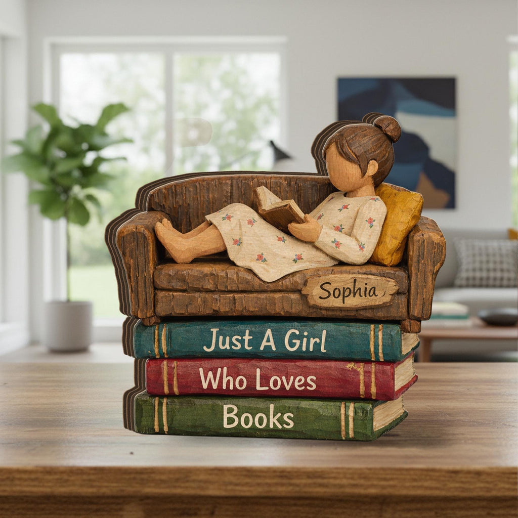 Personalized Wooden Figurine Block: Girl Reading on Book Stack Shelf Decor