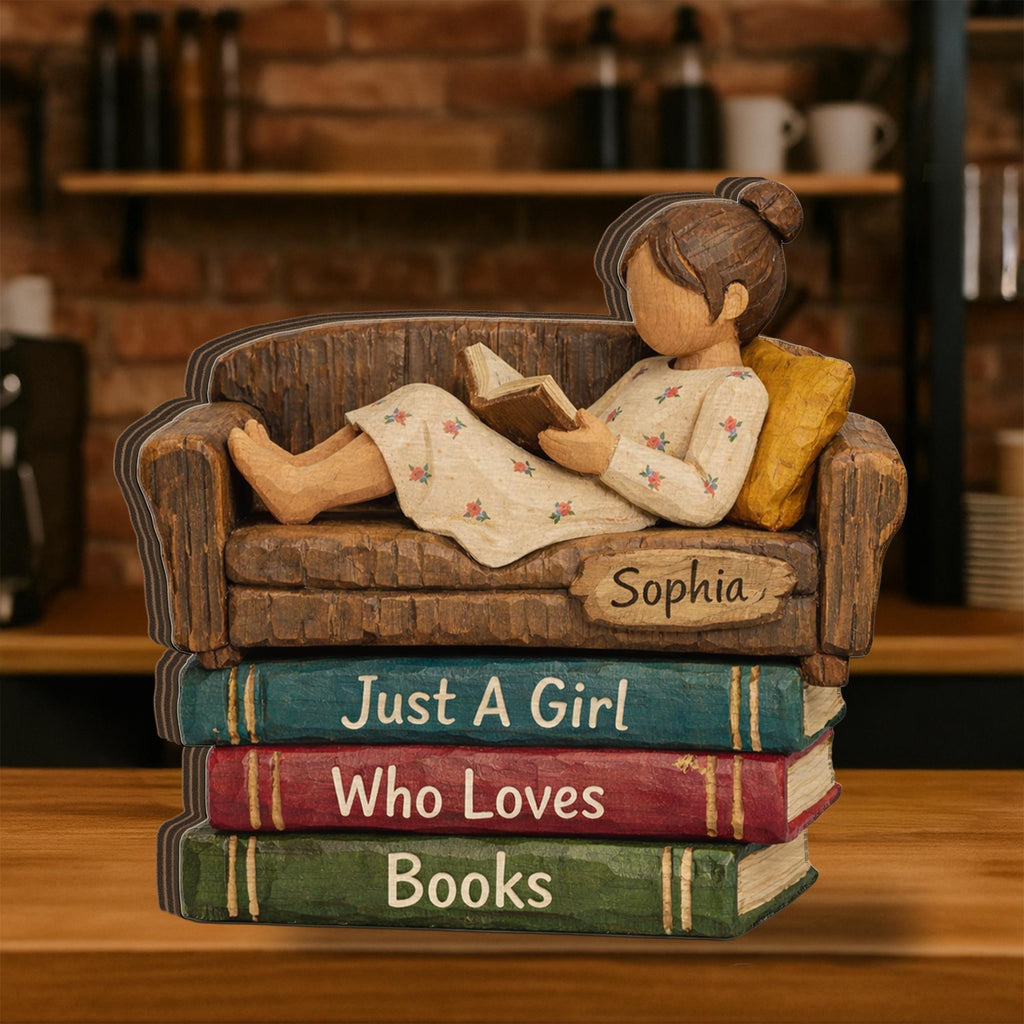 Personalized Wooden Figurine Block: Girl Reading on Book Stack Shelf Decor