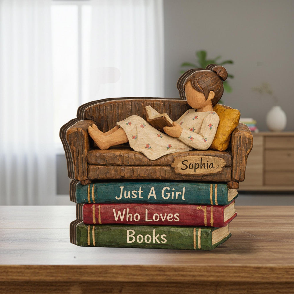 Personalized Wooden Figurine Block: Girl Reading on Book Stack Shelf Decor