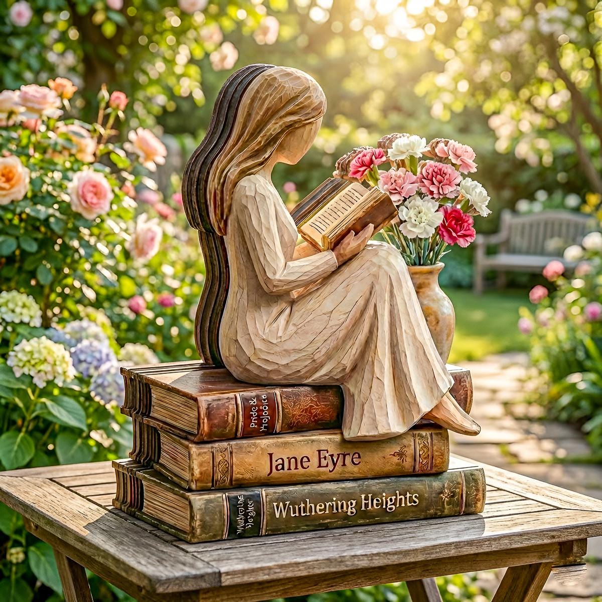Girl Reading on Book Stack Wooden Block, Book Lover Figurine with Flowers, Literary Home Decor, Handmade Wood Tabletop Gift for Readers