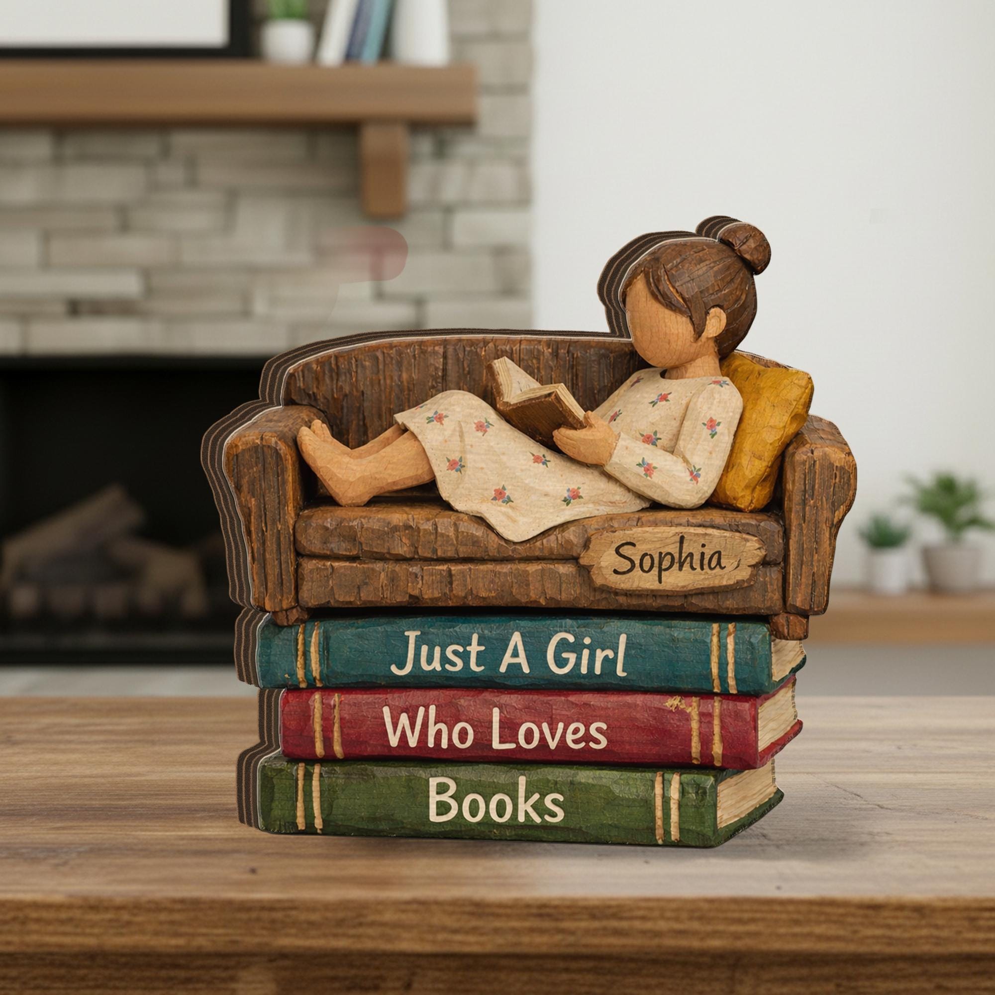 Personalized Wooden Figurine Block: Girl Reading on Book Stack Shelf Decor