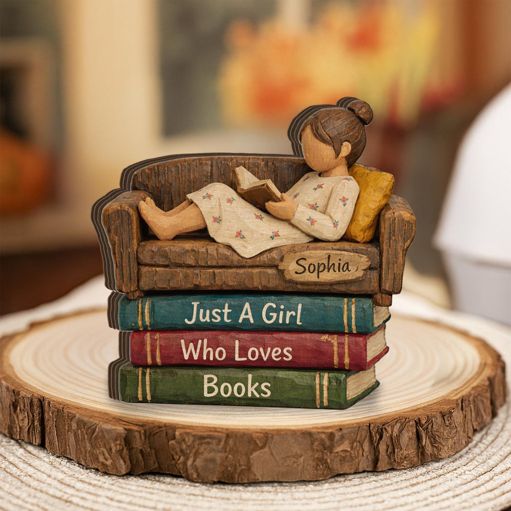 Personalized Wooden Figurine Block: Girl Reading on Book Stack Shelf Decor