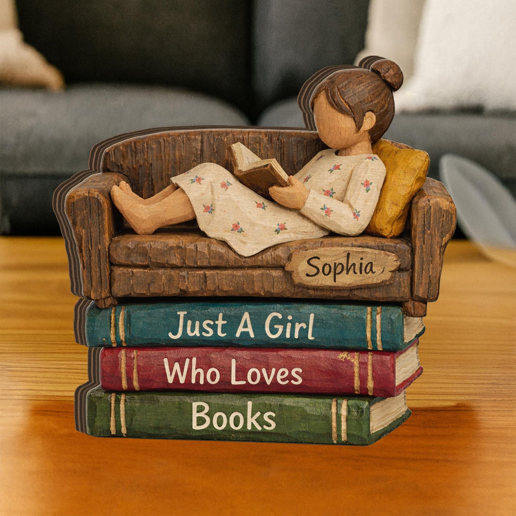 Personalized Wooden Figurine Block: Girl Reading on Book Stack Shelf Decor