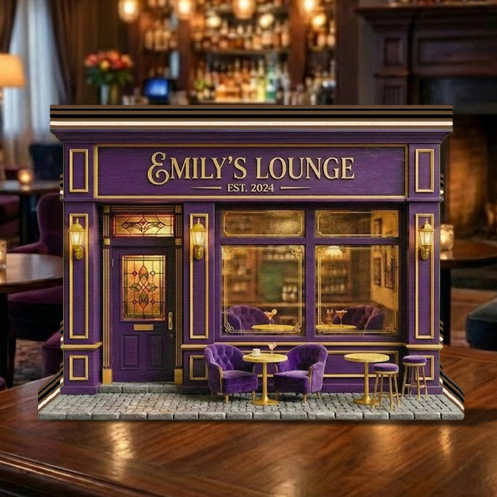 Personalized Cocktail Lounge Wooden Block Decor Custom Bar Name Miniature Storefront Gift for Her Elegant Home Bar Shelf Art Unique Keepsake