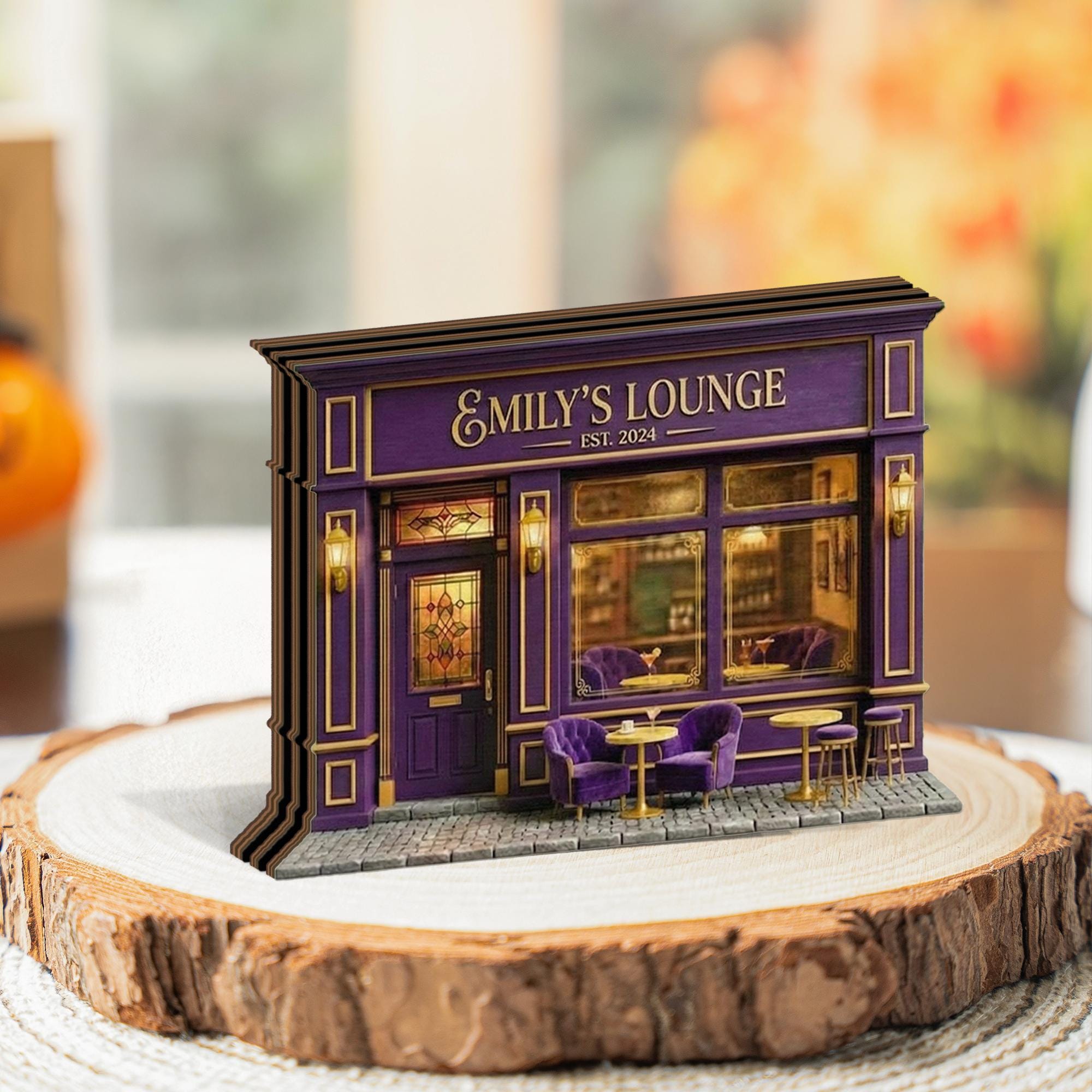 Personalized Cocktail Lounge Wooden Block Decor Custom Bar Name Miniature Storefront Gift for Her Elegant Home Bar Shelf Art Unique Keepsake