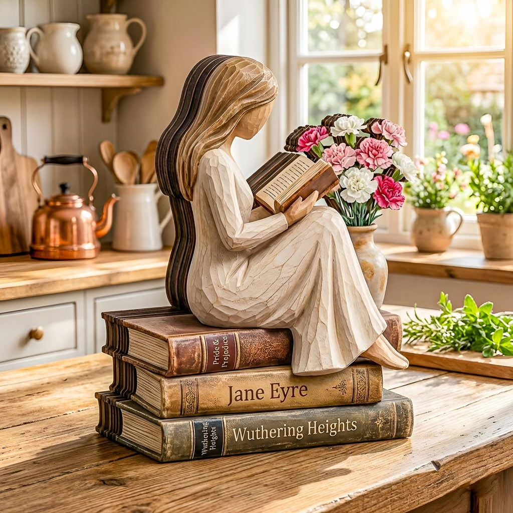 Girl Reading on Book Stack Wooden Block, Book Lover Figurine with Flowers, Literary Home Decor, Handmade Wood Tabletop Gift for Readers