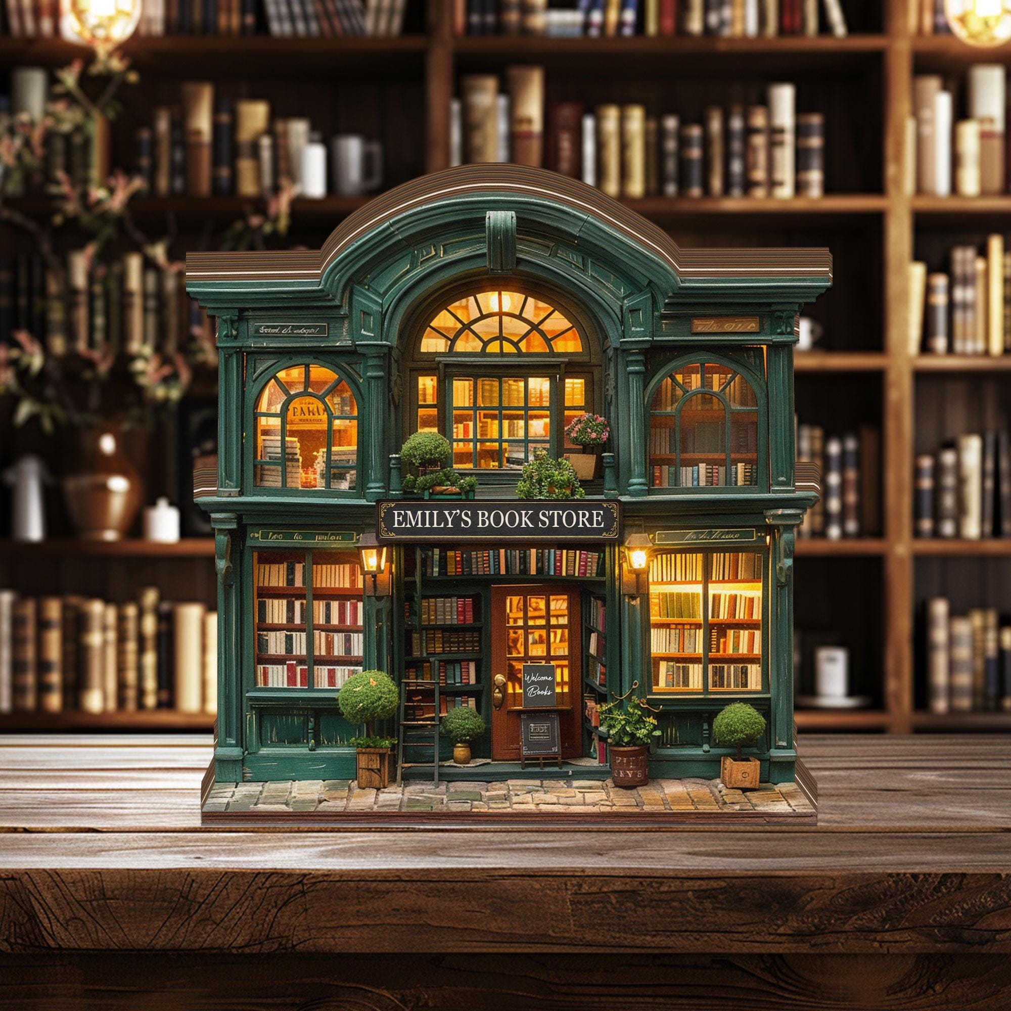 Personalized Bookstore Wooden Block: Custom Name Reader Gift, Miniature Book Shop Shelf Decor