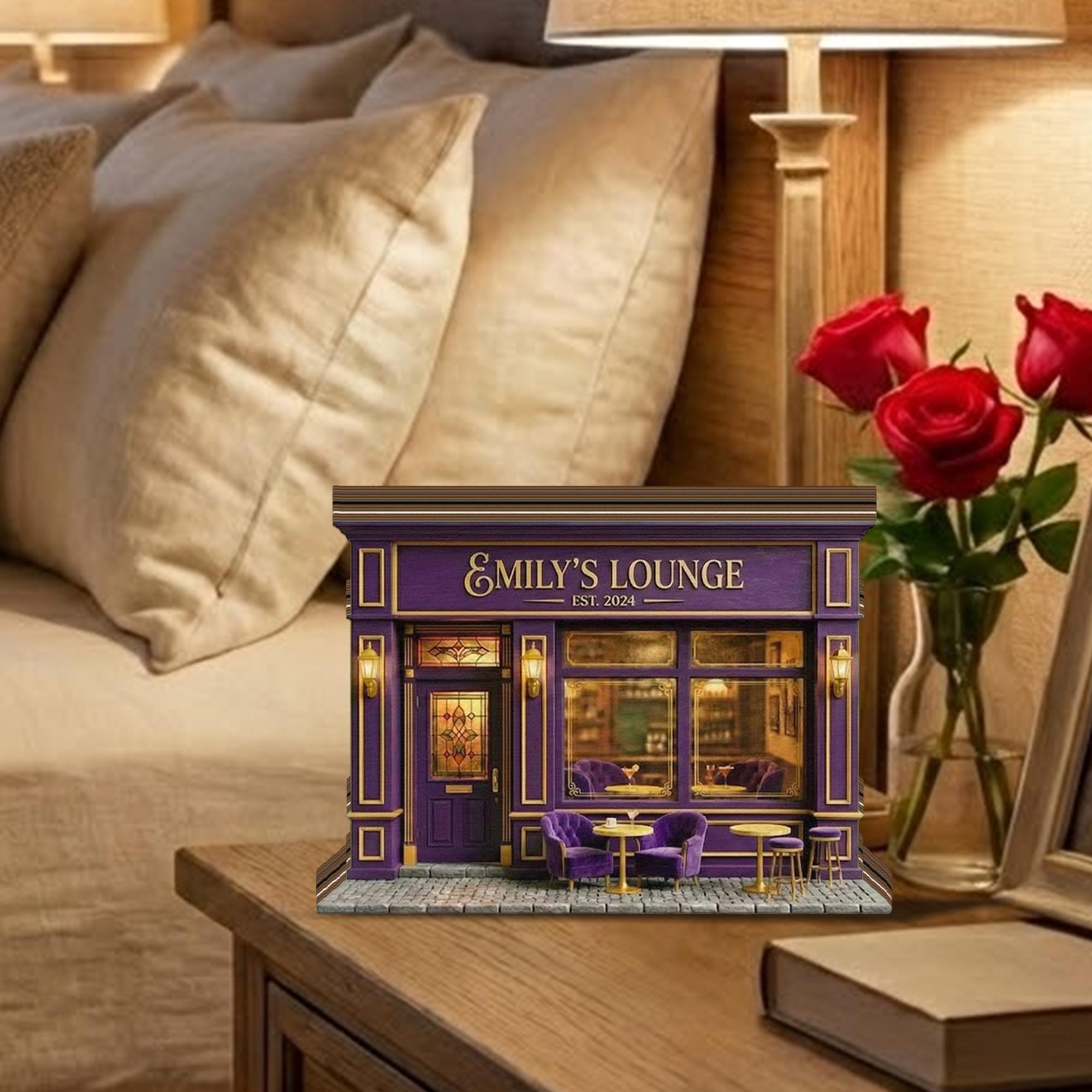 Personalized Cocktail Lounge Wooden Block Decor Custom Bar Name Miniature Storefront Gift for Her Elegant Home Bar Shelf Art Unique Keepsake