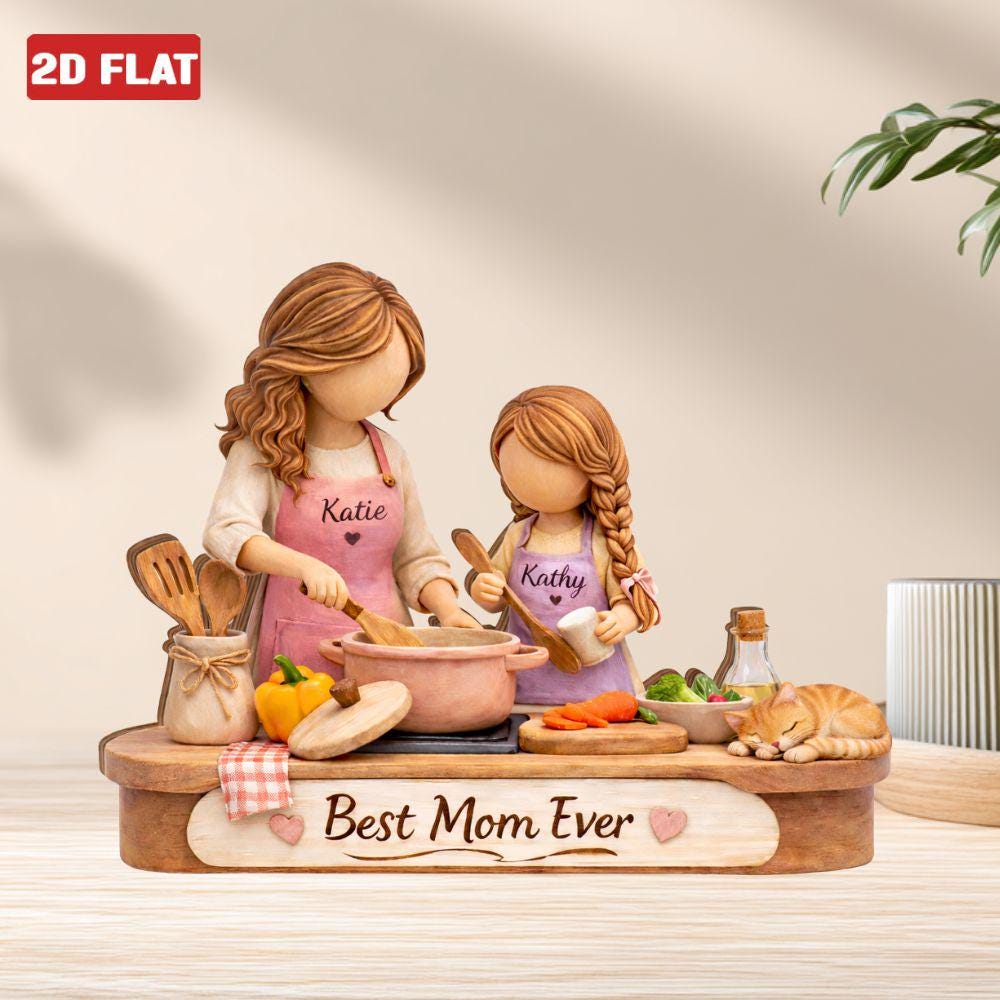 Custom Mom Daughter Cooking Wooden Block, Best Mom Ever Sign Block 2D FLAT, Mother Daughter Sign Desk Decor, Mothers Day 2026 Gift Keepsake