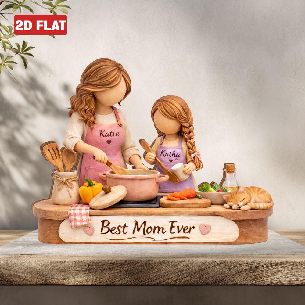 Custom Mom Daughter Cooking Wooden Block, Best Mom Ever Sign Block 2D FLAT, Mother Daughter Sign Desk Decor, Mothers Day 2026 Gift Keepsake