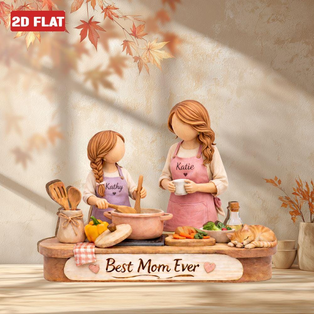 Custom Mom Daughter Cooking Wooden Block, Best Mom Ever Sign Block 2D FLAT, Mother Daughter Sign Desk Decor, Mothers Day 2026 Gift Keepsake