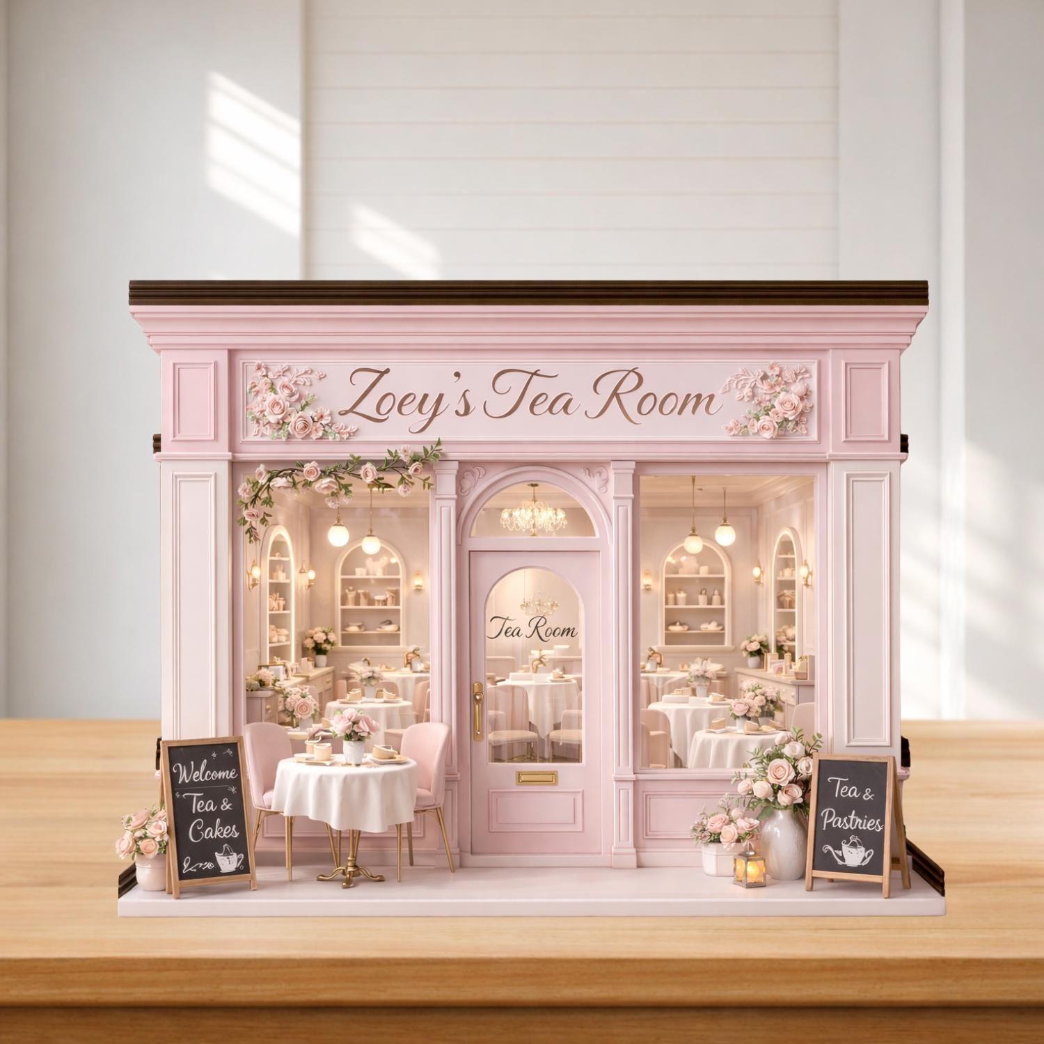 Personalized Tea Room 2D FLAT Wooden Block, Custom Tea Room Dollhouse Front Decor, Mini Tea Coffee Shop Display, Gift For Tea Lovers
