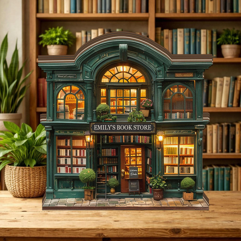 Personalized Bookstore Wooden Block: Custom Name Reader Gift, Miniature Book Shop Shelf Decor