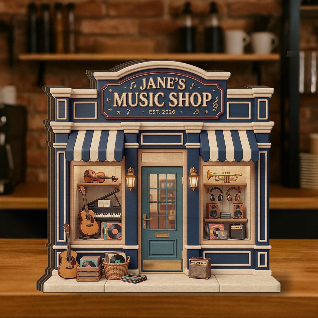 Personalized Wooden Block, Music Shop Storefront Decor With Instruments And Records