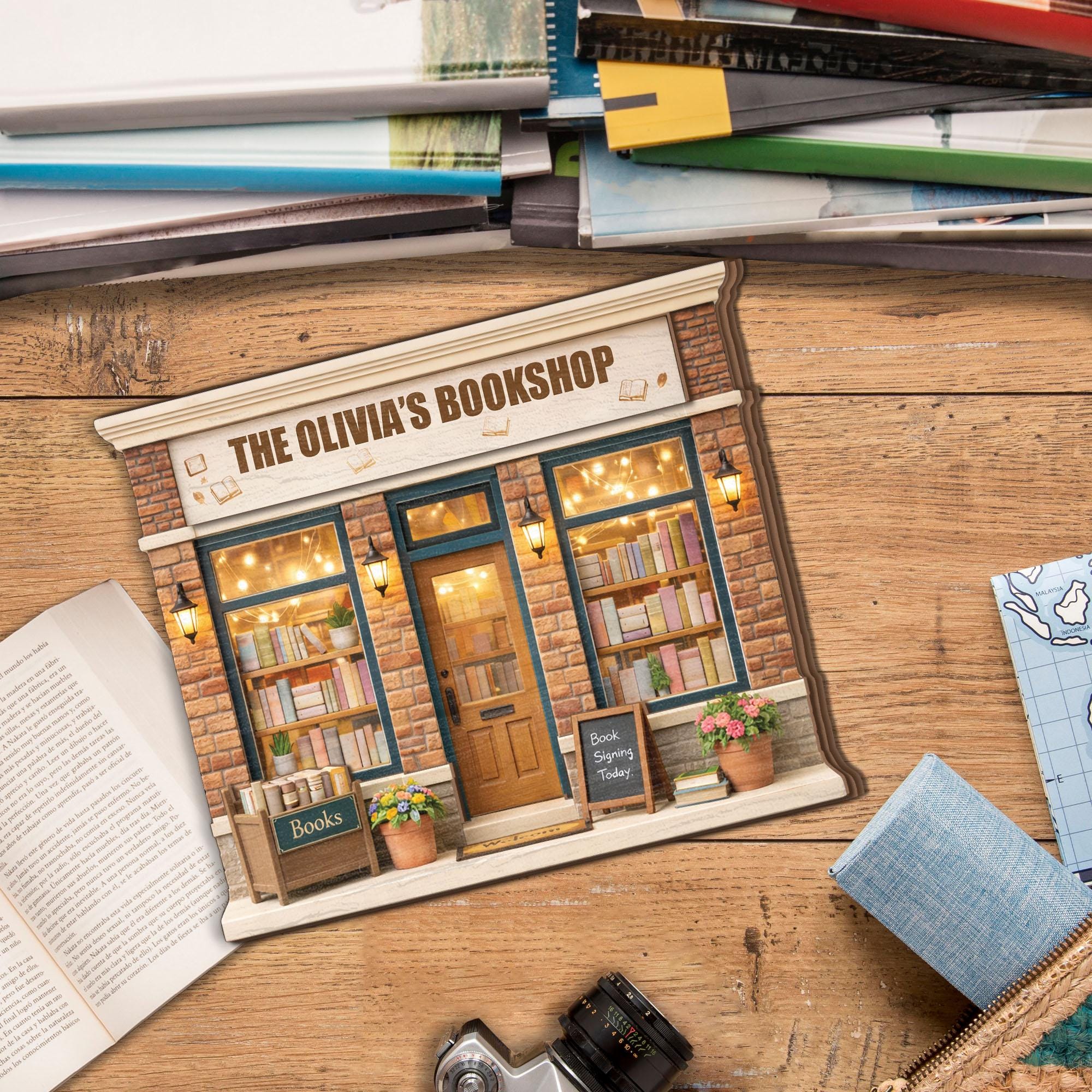 Personalized Bookshop Wooden Block Decor, Custom Bookstore Name Sign, Book Lover Gift, Cozy Library Shelf Decor for Readers