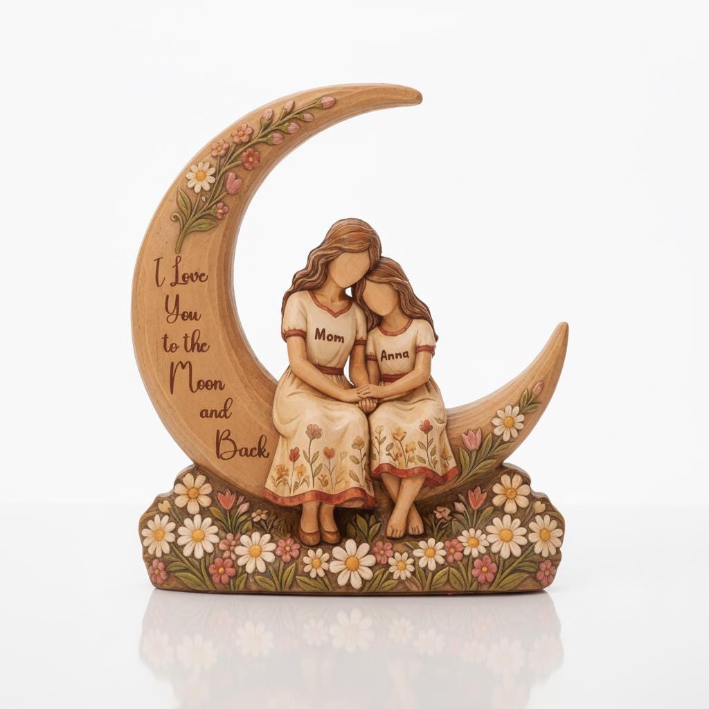 Personalized Mother Daughter Wooden Sculpture, We Love You To The Moon And Back, Custom Mom Gift from Daughter, Mom Gift, Mothers Day Gift