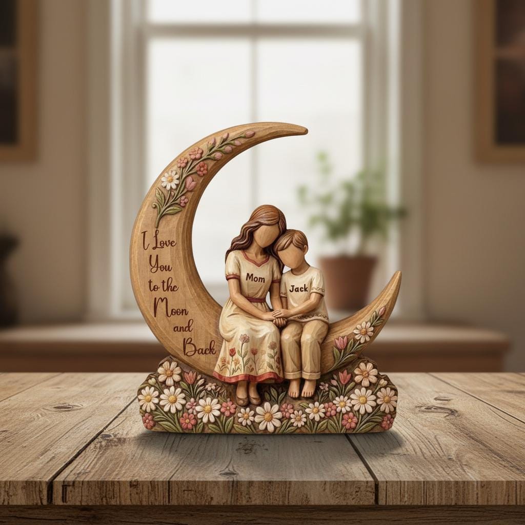Personalized Mother Daughter Wooden Sculpture, We Love You To The Moon And Back, Custom Mom Gift from Daughter, Mom Gift, Mothers Day Gift