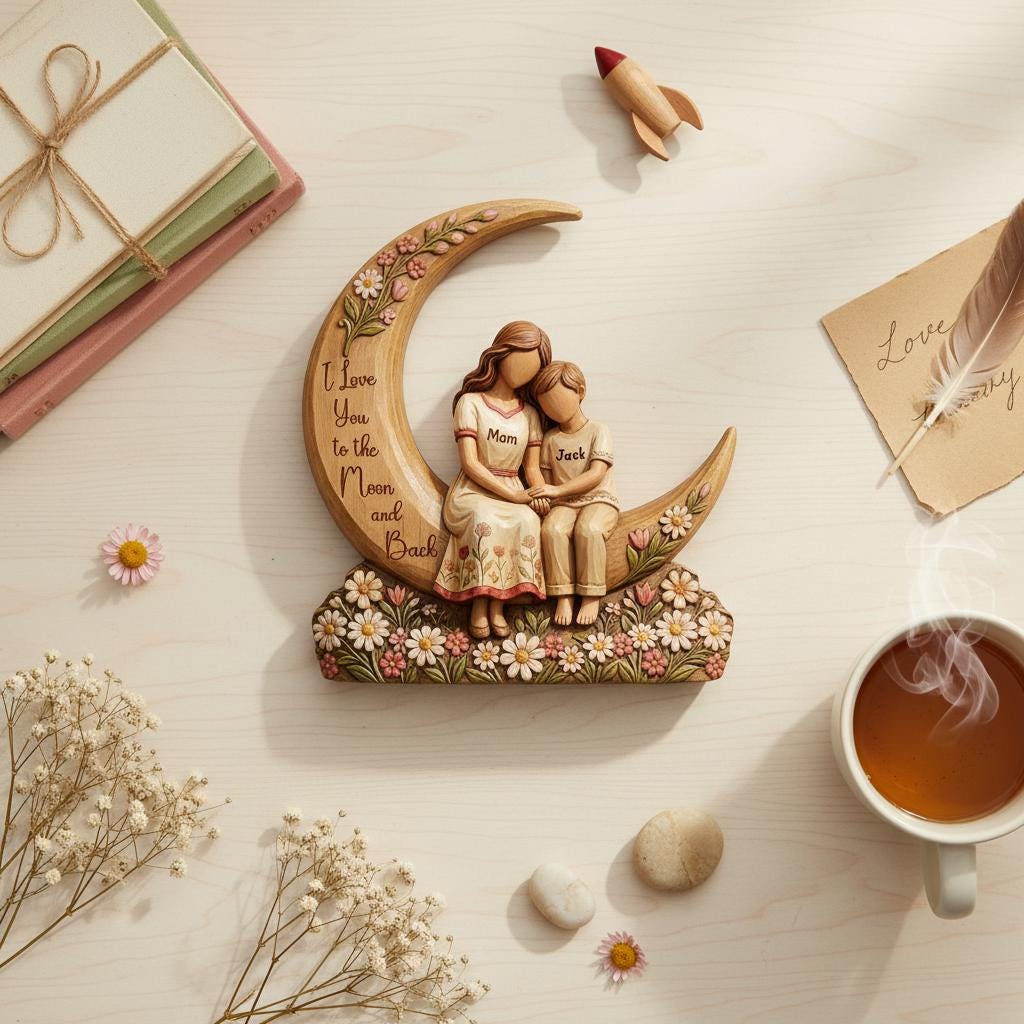 Personalized Mother Daughter Wooden Sculpture, We Love You To The Moon And Back, Custom Mom Gift from Daughter, Mom Gift, Mothers Day Gift