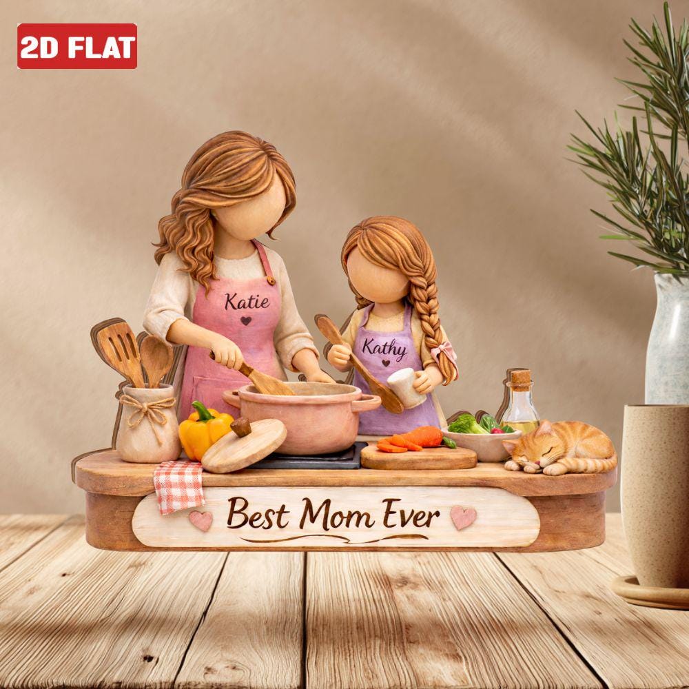 Custom Mom Daughter Cooking Wooden Block, Best Mom Ever Sign Block 2D FLAT, Mother Daughter Sign Desk Decor, Mothers Day 2026 Gift Keepsake