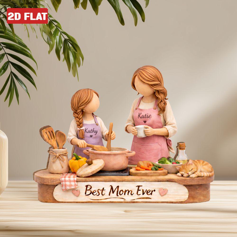 Custom Mom Daughter Cooking Wooden Block, Best Mom Ever Sign Block 2D FLAT, Mother Daughter Sign Desk Decor, Mothers Day 2026 Gift Keepsake