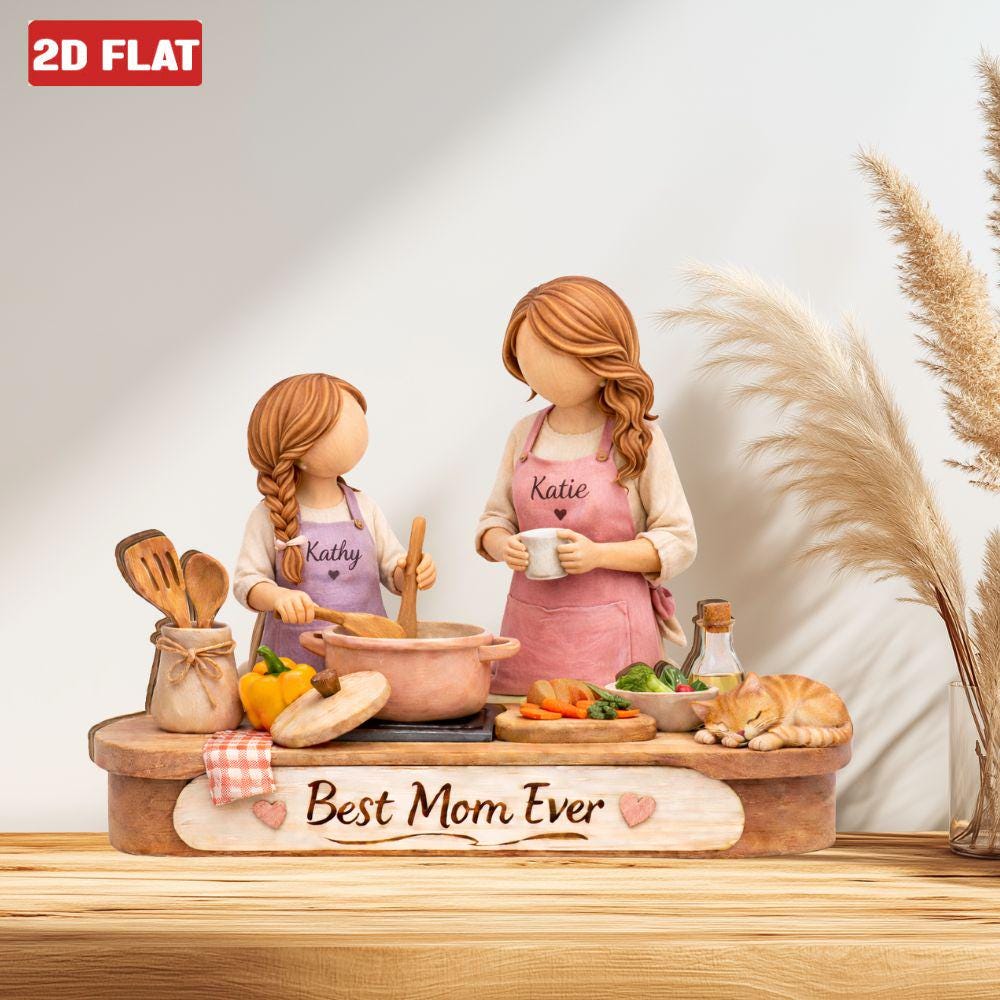 Custom Mom Daughter Cooking Wooden Block, Best Mom Ever Sign Block 2D FLAT, Mother Daughter Sign Desk Decor, Mothers Day 2026 Gift Keepsake