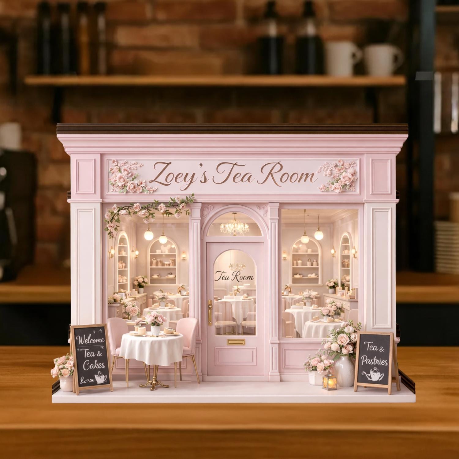 Personalized Tea Room 2D FLAT Wooden Block, Custom Tea Room Dollhouse Front Decor, Mini Tea Coffee Shop Display, Gift For Tea Lovers