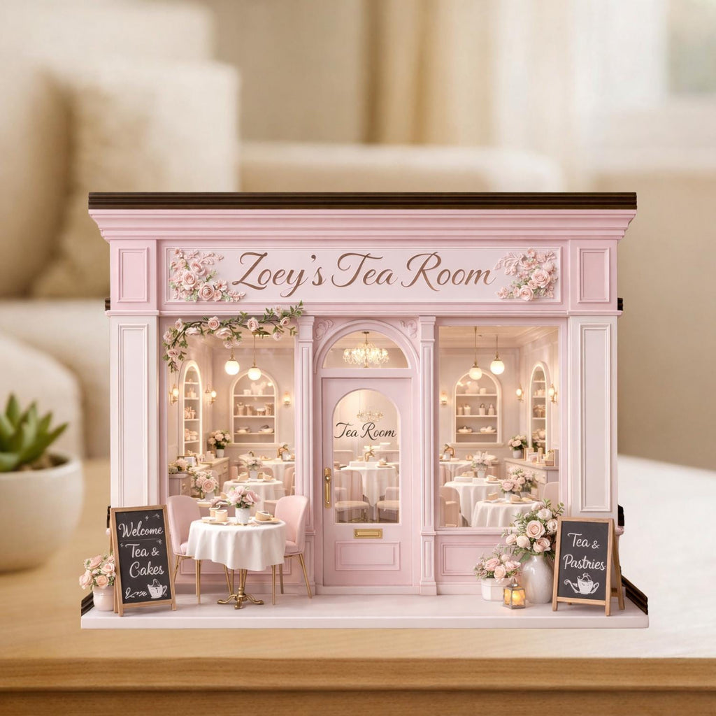 Personalized Tea Room 2D FLAT Wooden Block, Custom Tea Room Dollhouse Front Decor, Mini Tea Coffee Shop Display, Gift For Tea Lovers