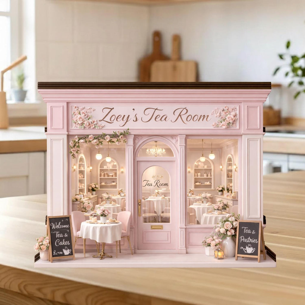Personalized Tea Room 2D FLAT Wooden Block, Custom Tea Room Dollhouse Front Decor, Mini Tea Coffee Shop Display, Gift For Tea Lovers