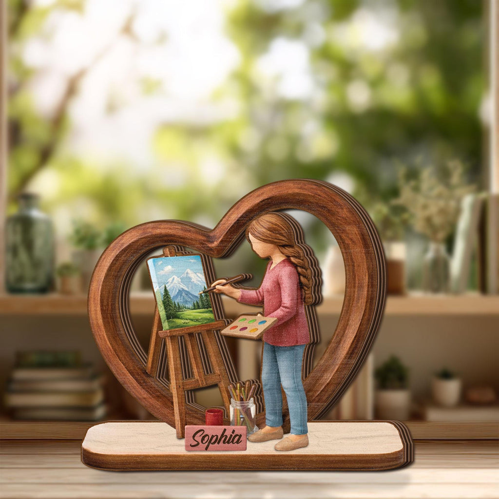 Personalized Artist Wooden Block Gift, Custom Name Painter Figurine, Creative Hobby Decor, Gift for Artist Woman, Unique Art Lover Keepsake