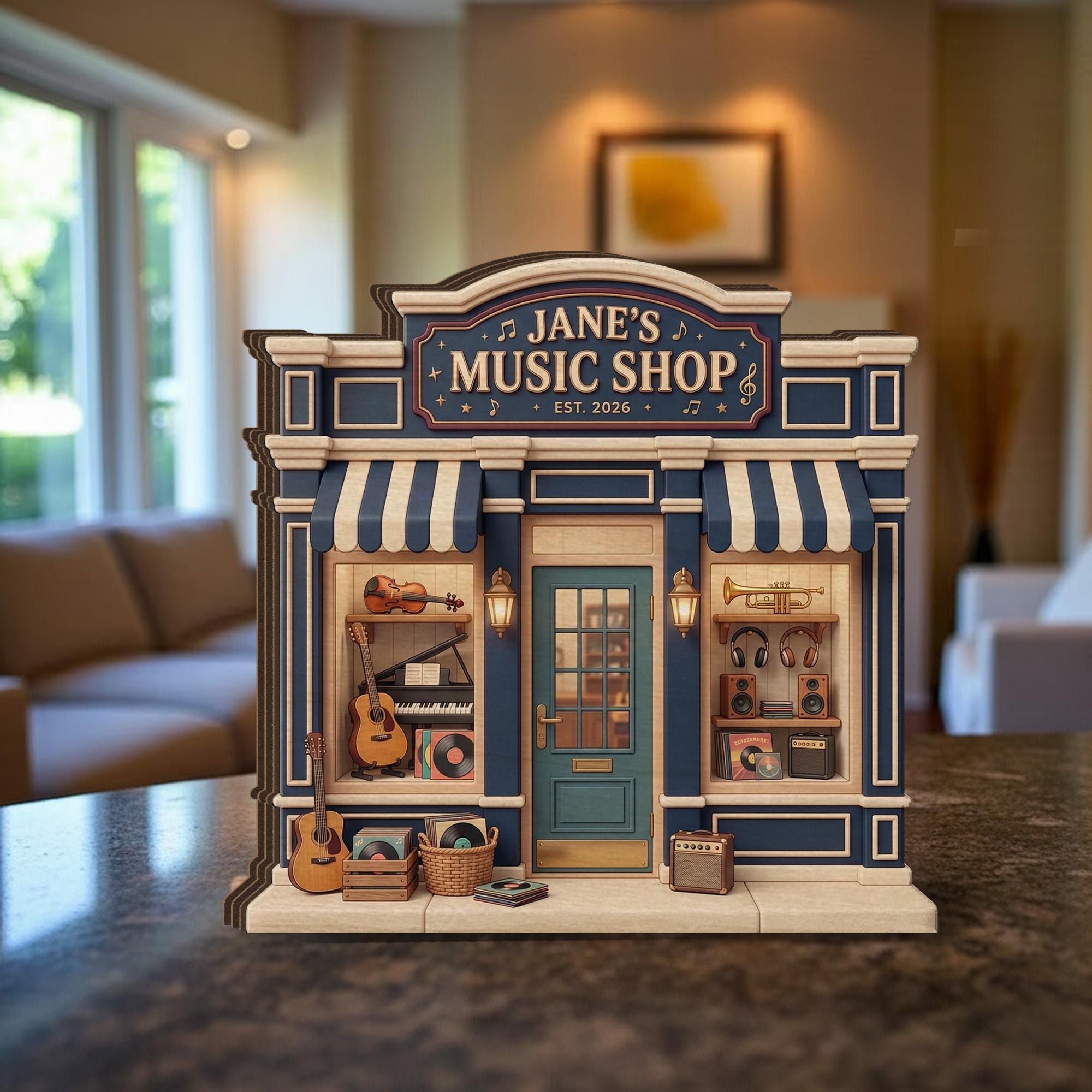 Personalized Wooden Block, Music Shop Storefront Decor With Instruments And Records