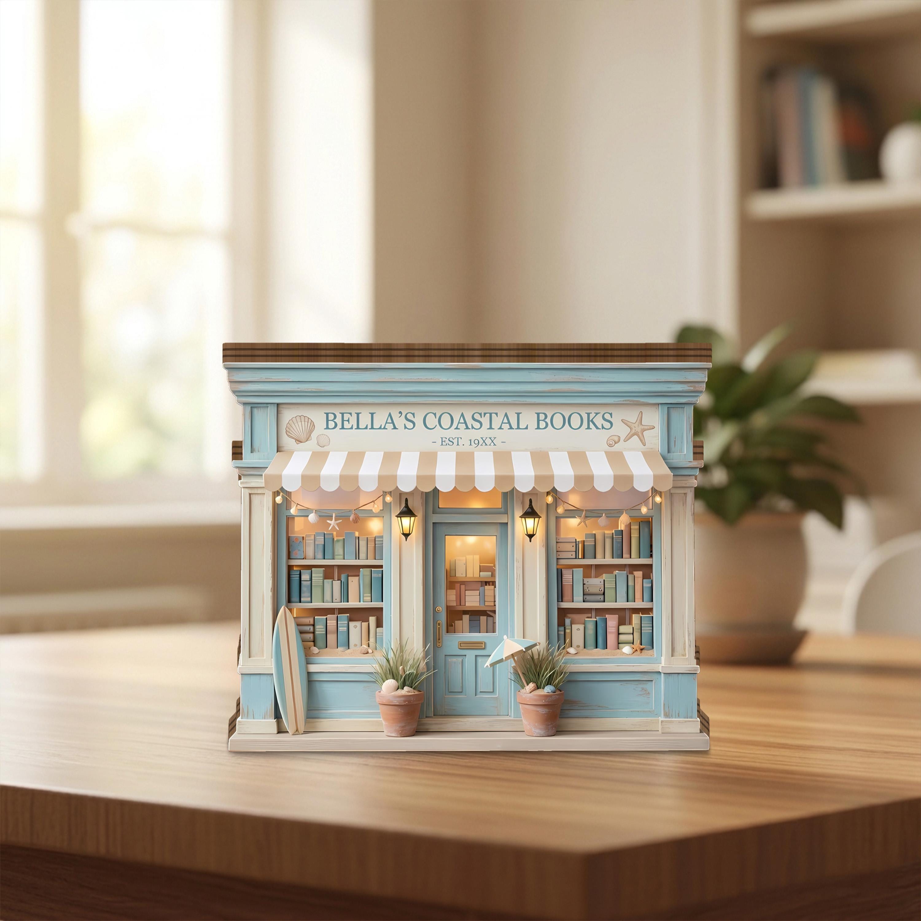 Personalized Coastal Bookshop Wooden Block, Bookshelf Decor, Beach House Book Lover Gift, Coastal Books Decor, Miniature Shop
