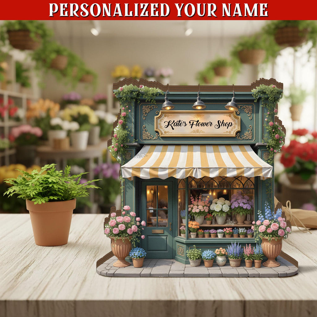 Custom Name Flower Shop Wood Decor, Personalized Florist Gift, Miniature Storefront Wooden Keepsake