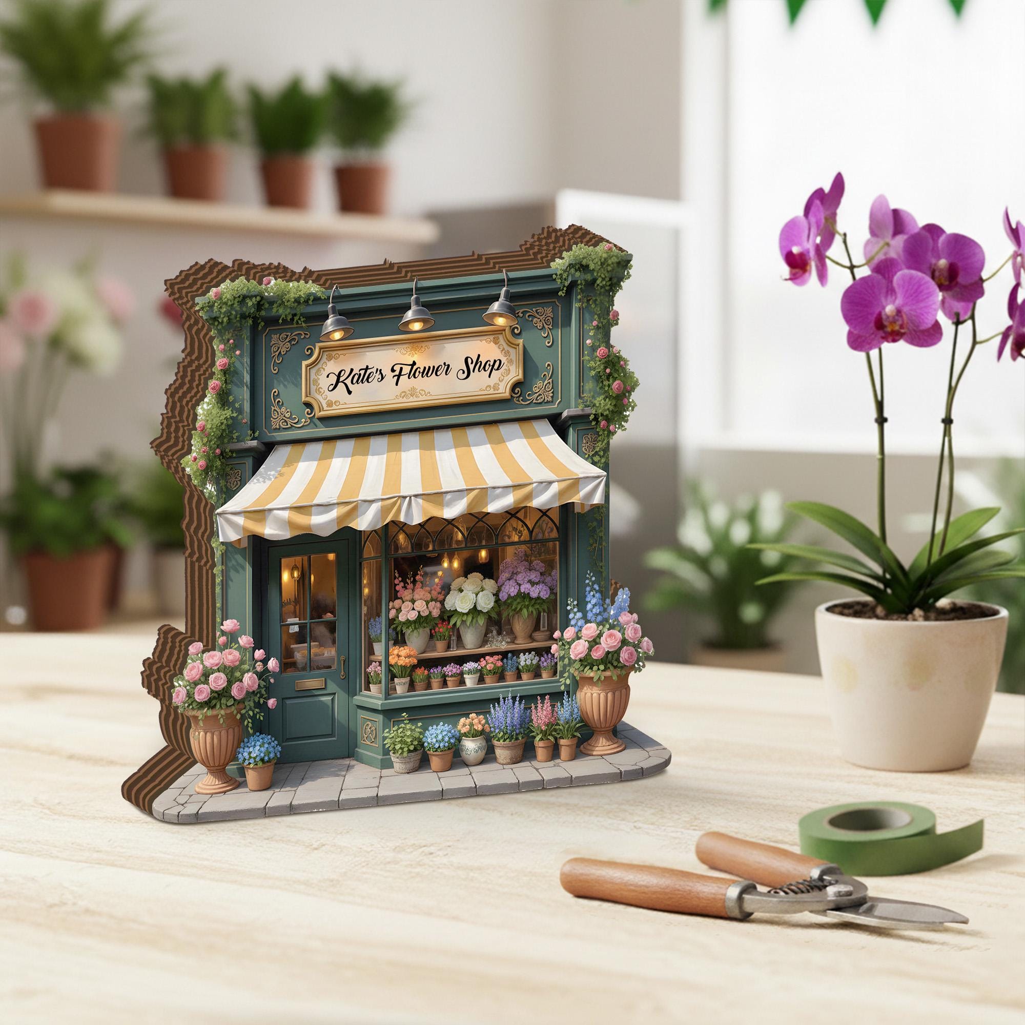 Custom Name Flower Shop Wood Decor, Personalized Florist Gift, Miniature Storefront Wooden Keepsake