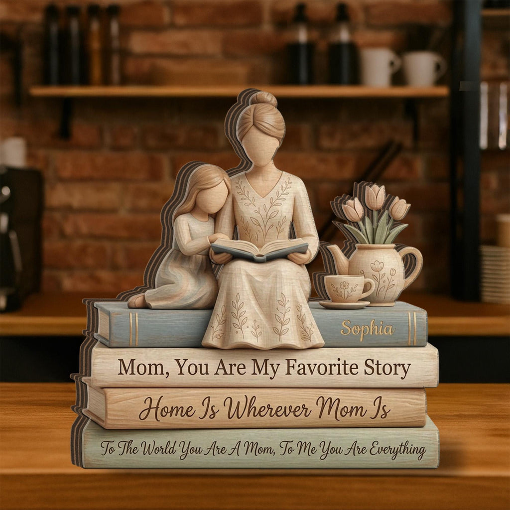 Personalized Mother Daughter Reading Scene Wooden Block Sign, Stacked Book Decor