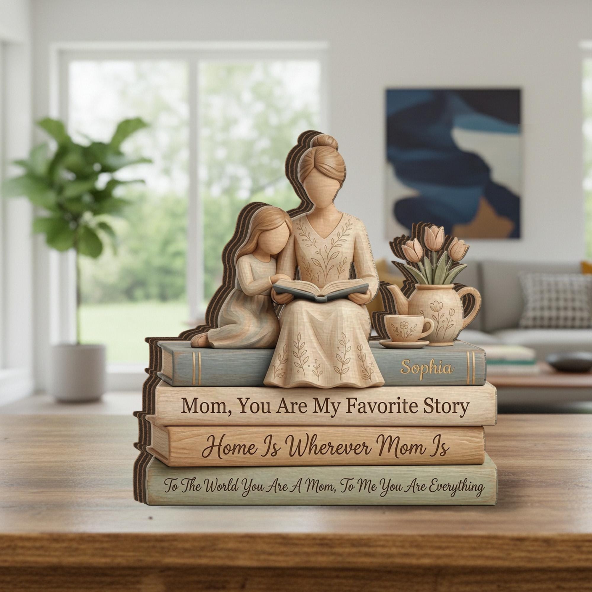 Personalized Mother Daughter Reading Scene Wooden Block Sign, Stacked Book Decor