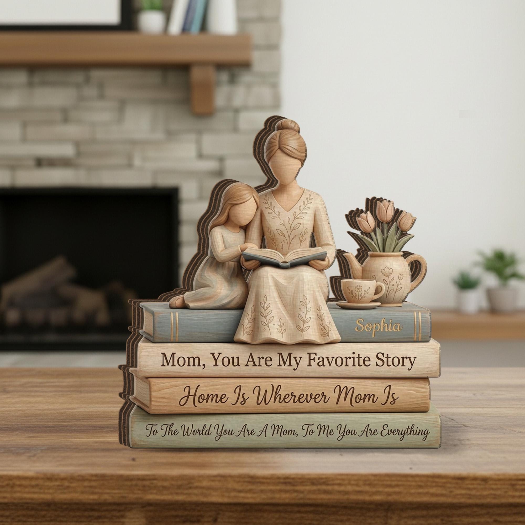 Personalized Mother Daughter Reading Scene Wooden Block Sign, Stacked Book Decor