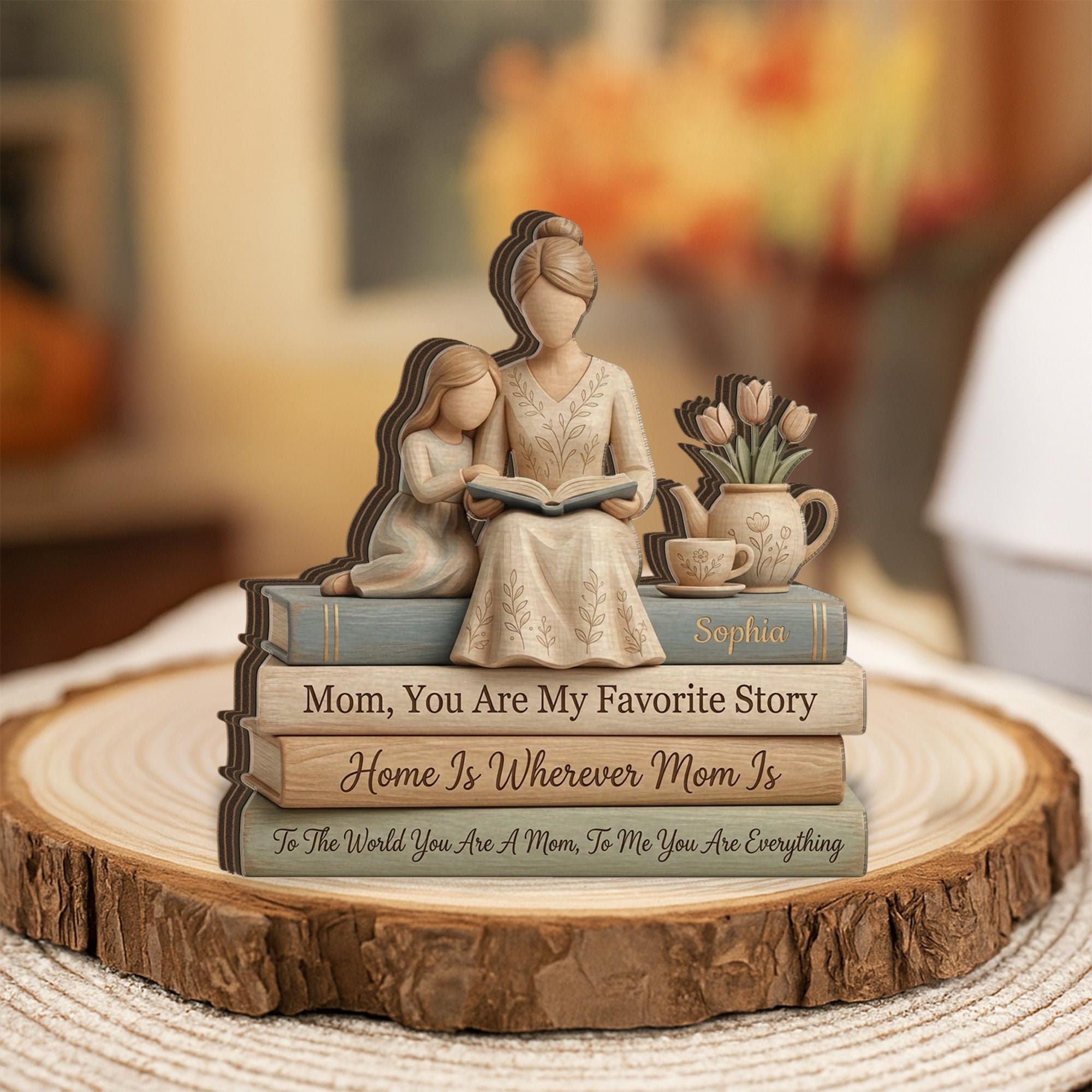 Personalized Mother Daughter Reading Scene Wooden Block Sign, Stacked Book Decor