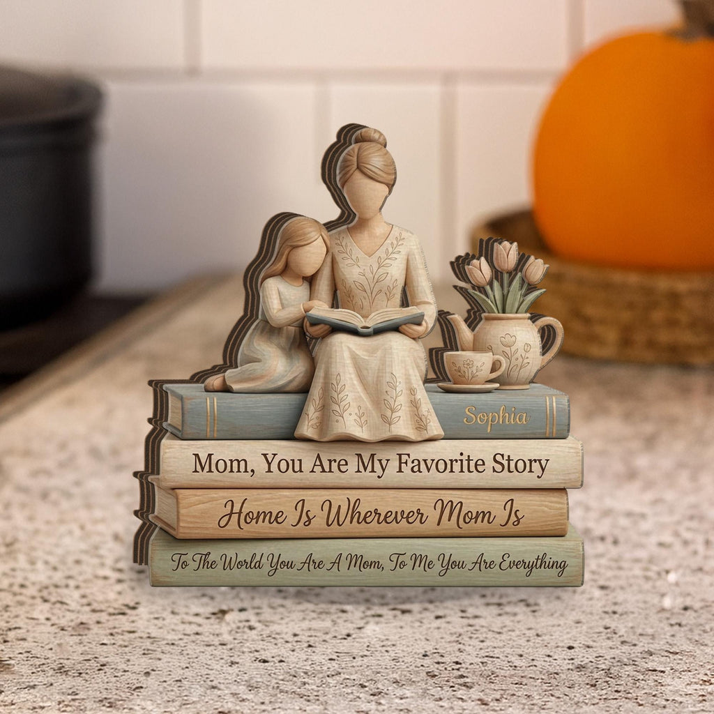 Personalized Mother Daughter Reading Scene Wooden Block Sign, Stacked Book Decor