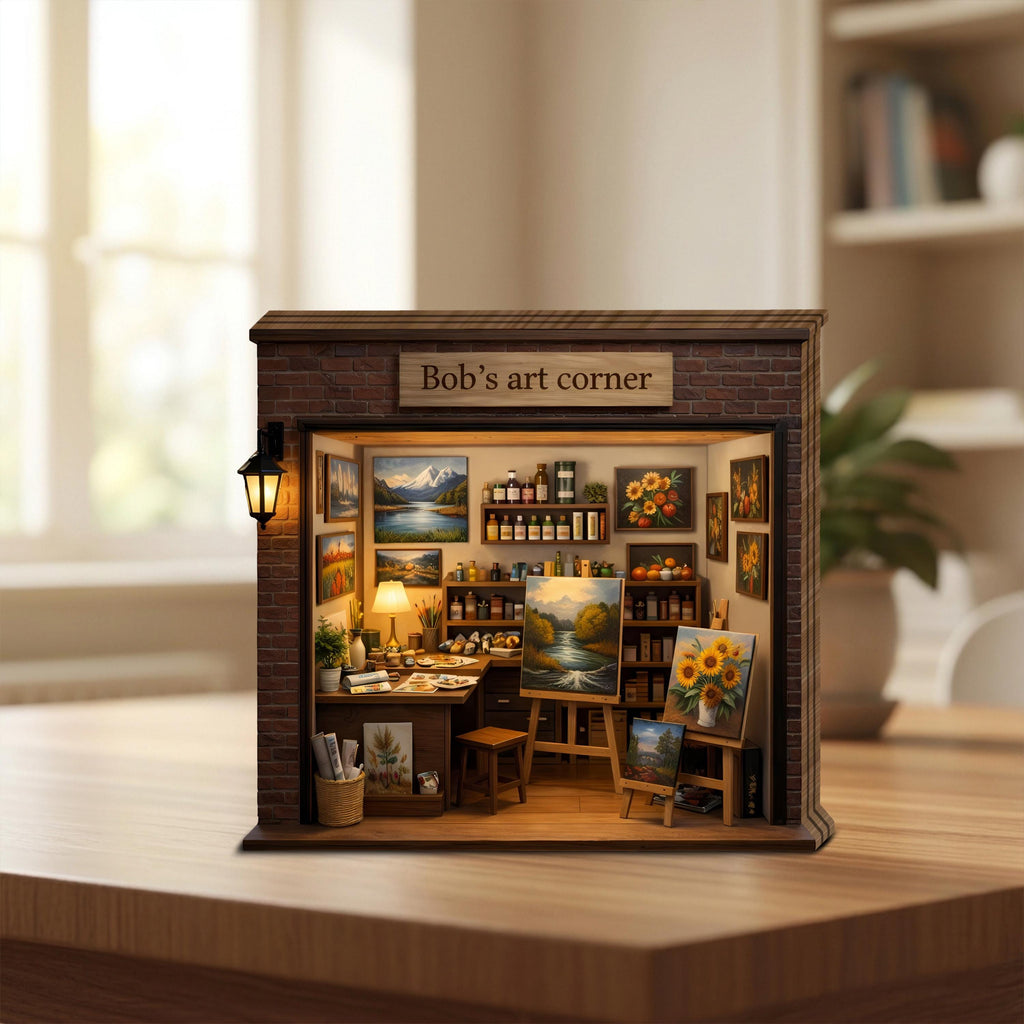 Personalized Art Studio Miniature, Custom Artist Workshop Decor, Mini Art Shop Wooden Block, Creative Studio Gift, Bob’s Art Corner Decor