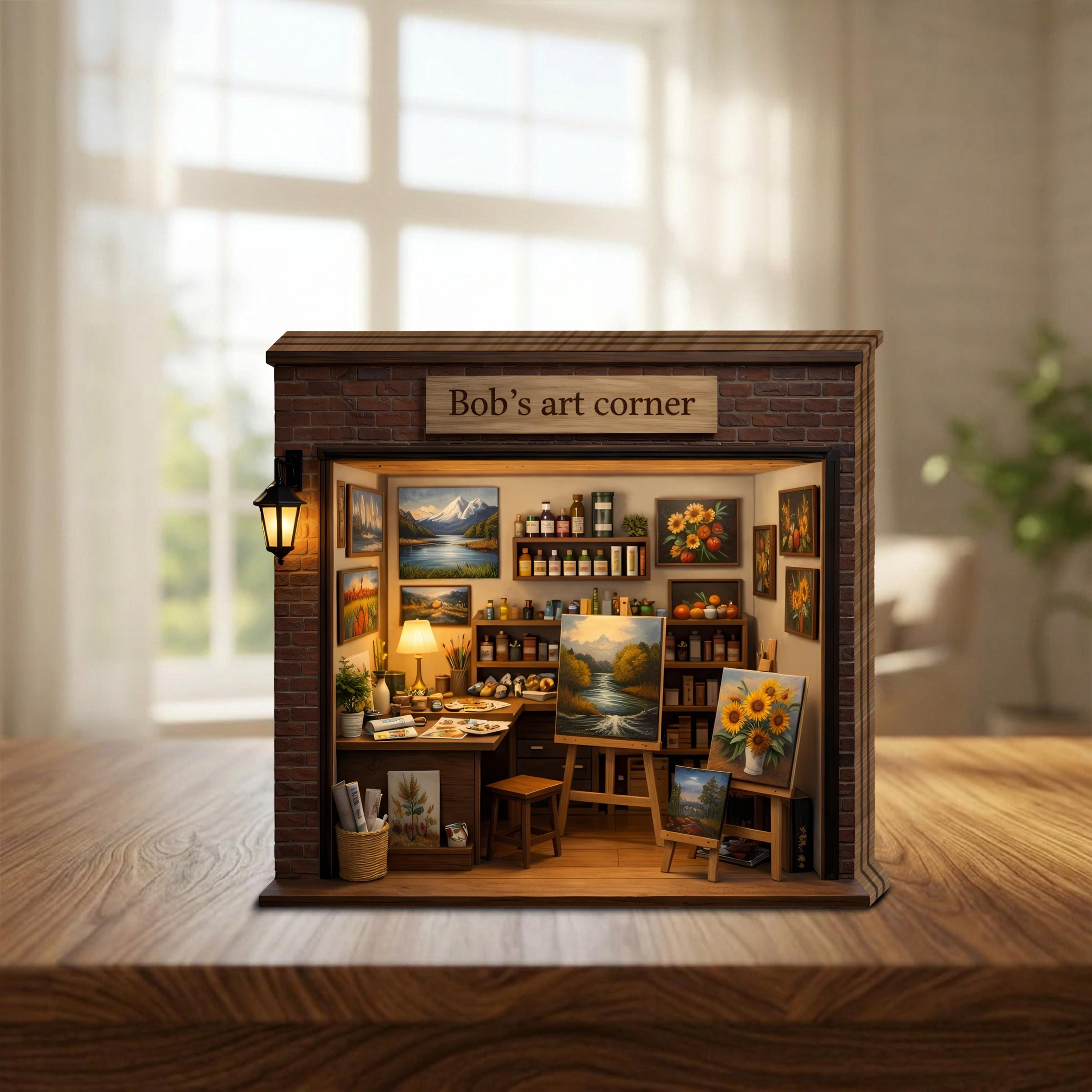 Personalized Art Studio Miniature, Custom Artist Workshop Decor, Mini Art Shop Wooden Block, Creative Studio Gift, Bob’s Art Corner Decor