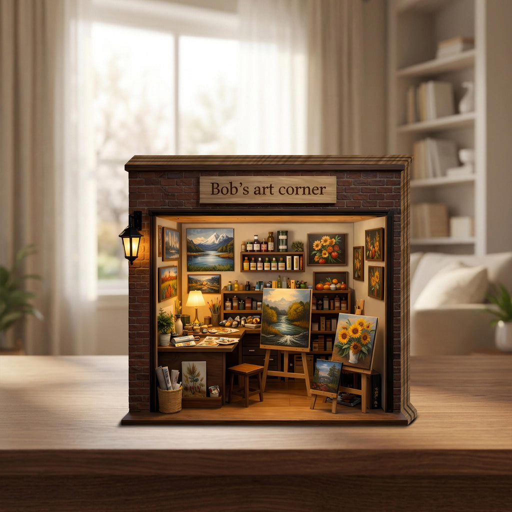 Personalized Art Studio Miniature, Custom Artist Workshop Decor, Mini Art Shop Wooden Block, Creative Studio Gift, Bob’s Art Corner Decor