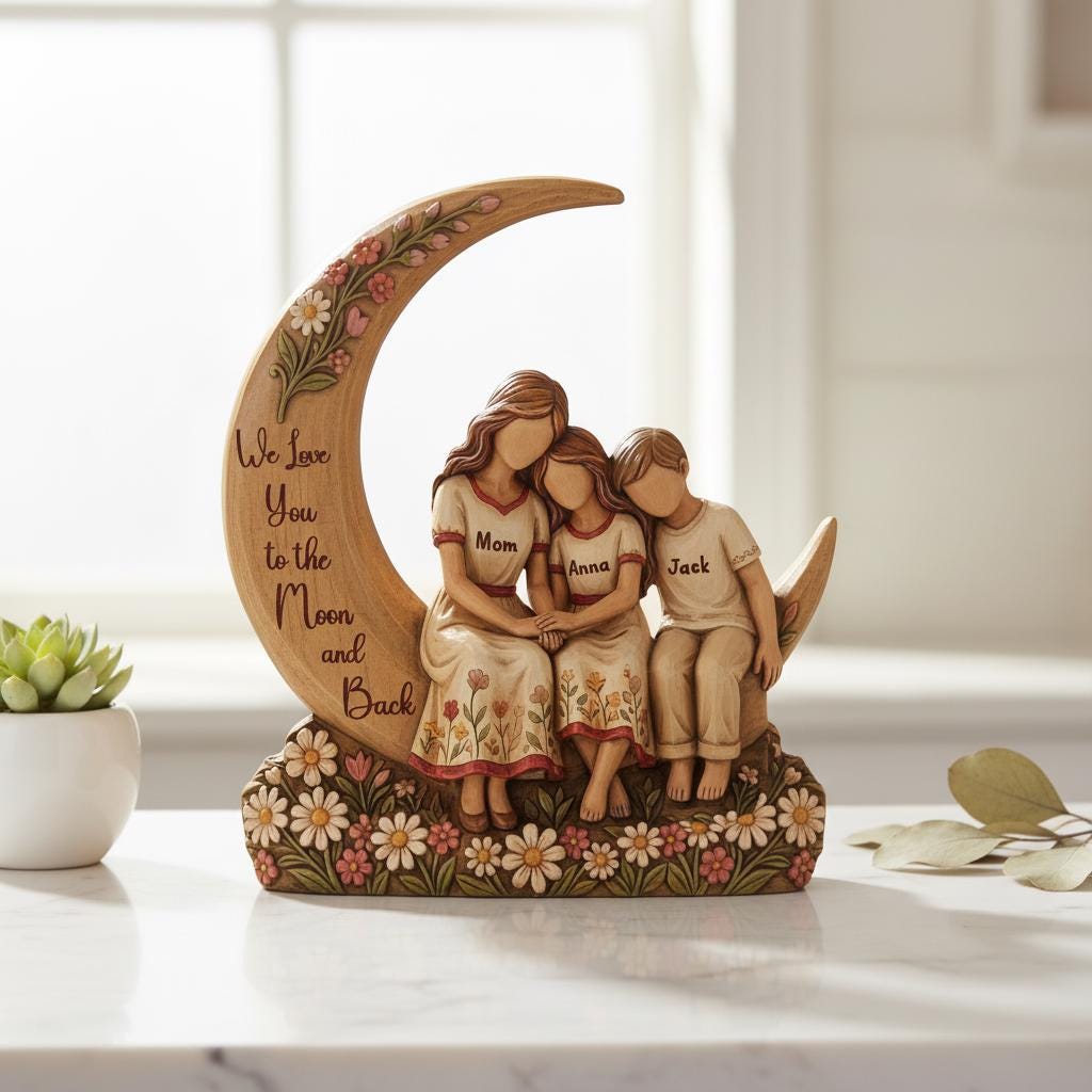 Personalized Mother Daughter Wooden Sculpture, We Love You To The Moon And Back, Custom Mom Gift from Daughter, Mom Gift, Mothers Day Gift