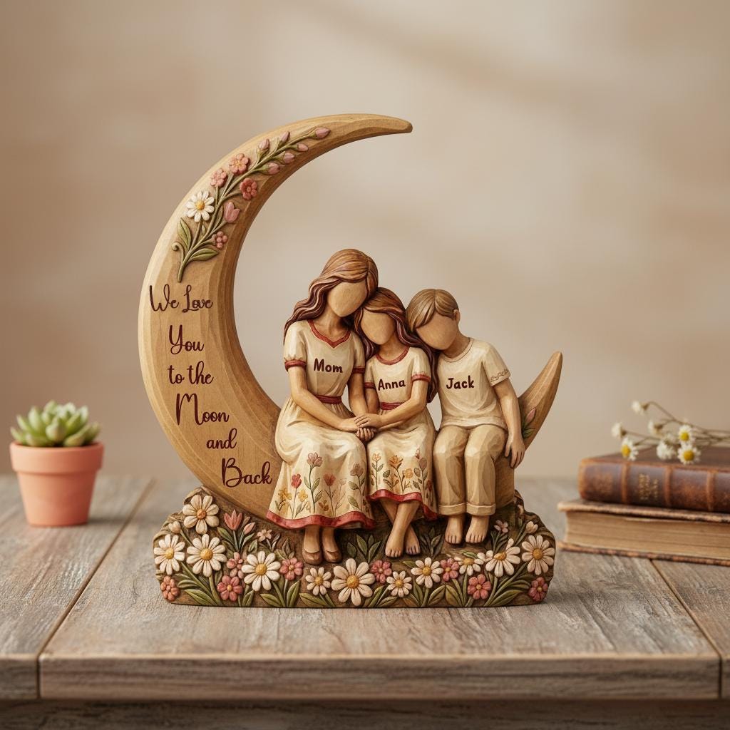 Personalized Mother Daughter Wooden Sculpture, We Love You To The Moon And Back, Custom Mom Gift from Daughter, Mom Gift, Mothers Day Gift