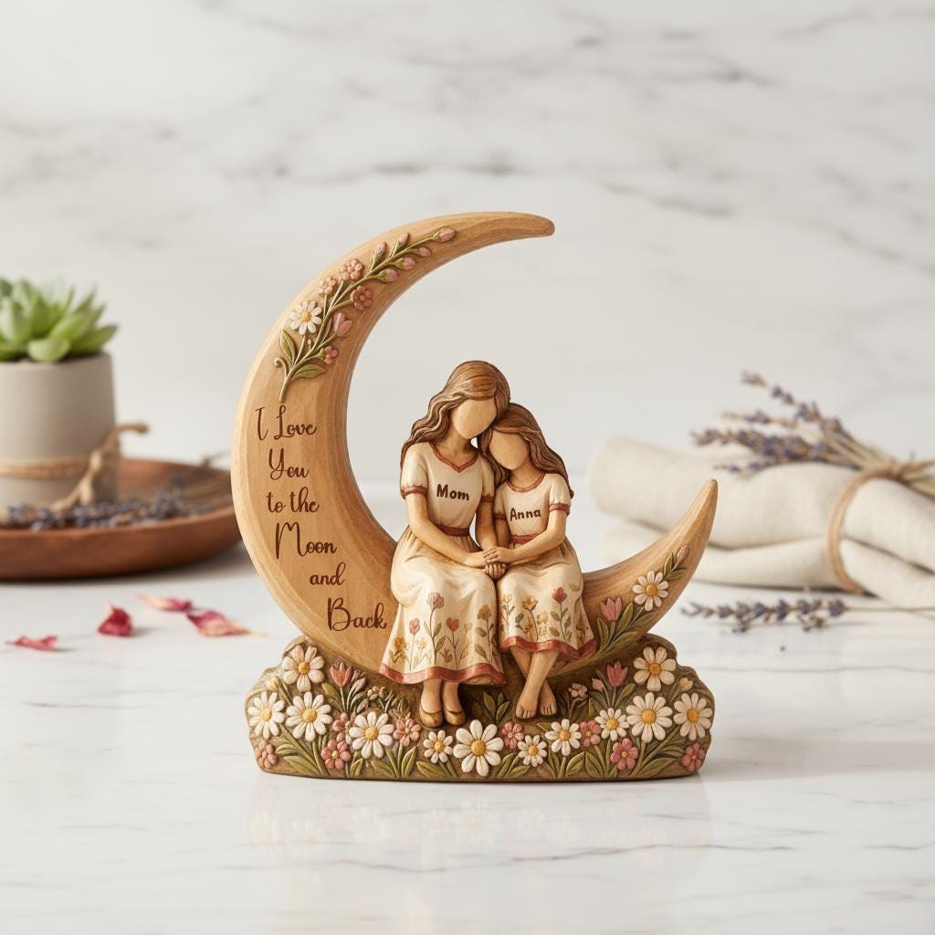 Personalized Mother Daughter Wooden Sculpture, We Love You To The Moon And Back, Custom Mom Gift from Daughter, Mom Gift, Mothers Day Gift