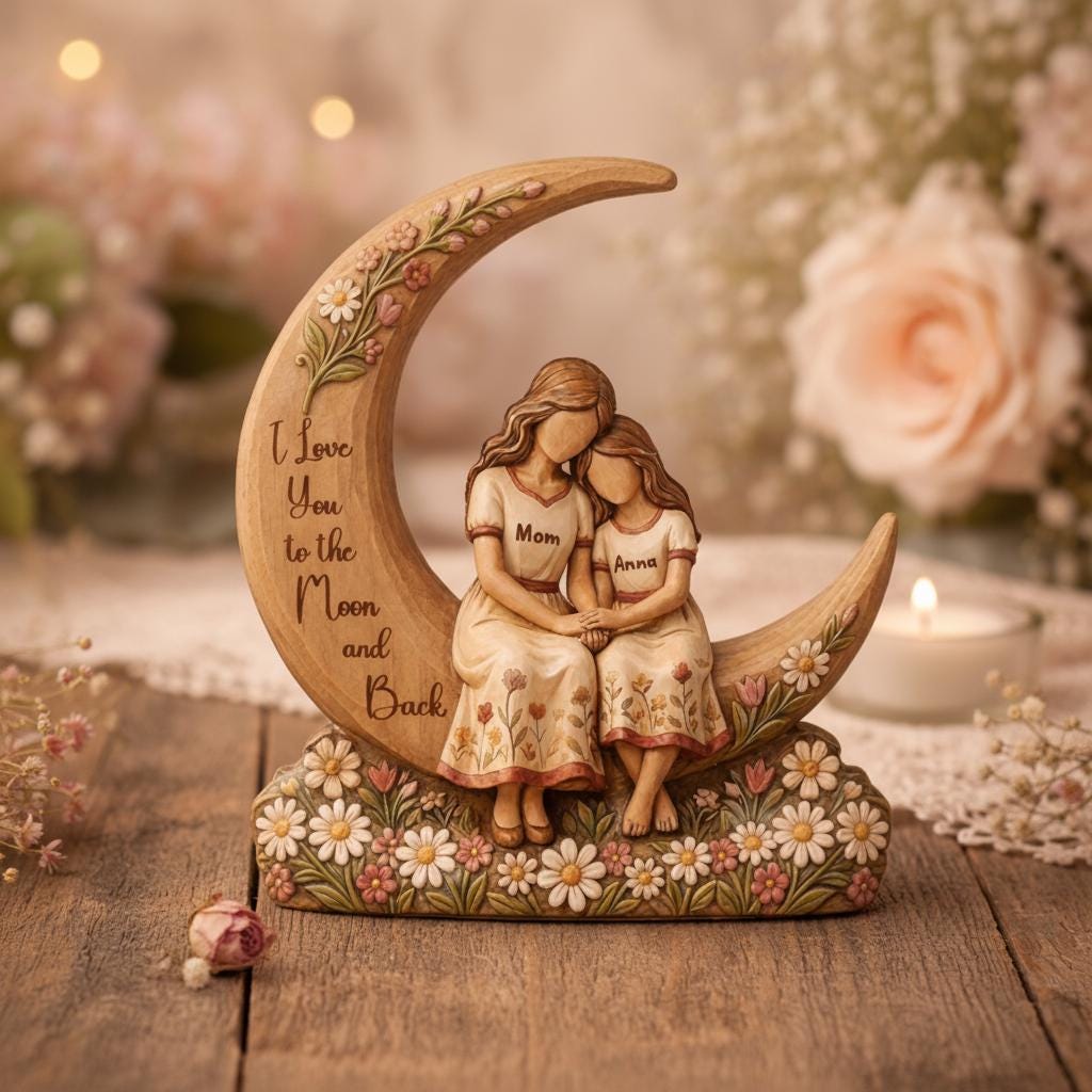 Personalized Mother Daughter Wooden Sculpture, We Love You To The Moon And Back, Custom Mom Gift from Daughter, Mom Gift, Mothers Day Gift