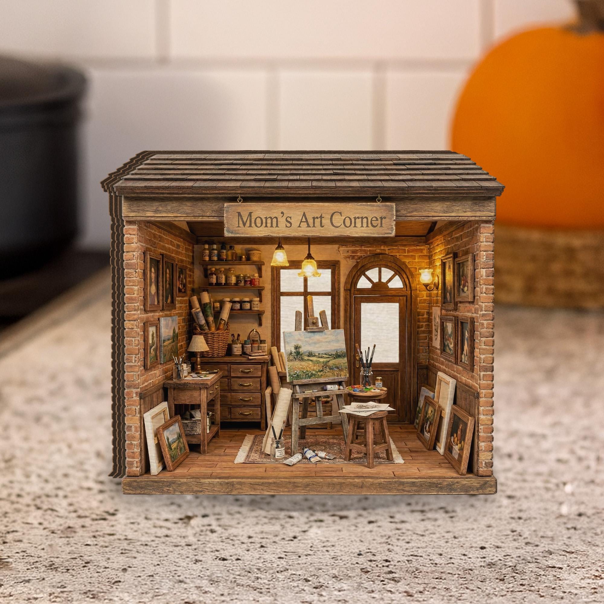 Personalized Wooden Block Art Studio Diorama, Mini Painting Room Scene with Easel and Canvas