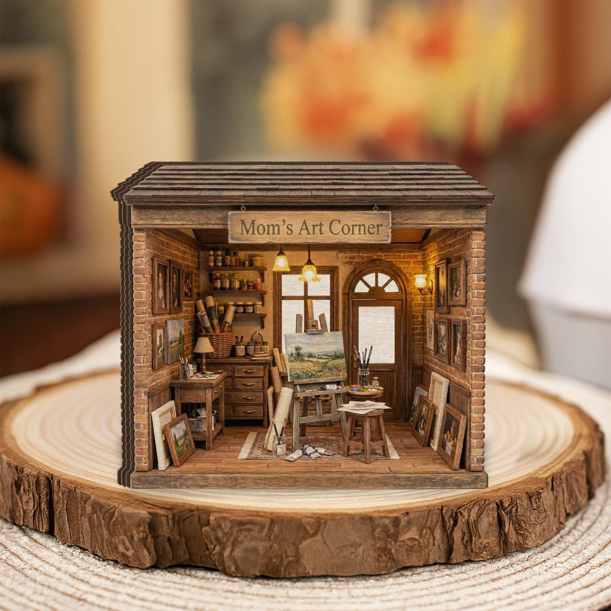 Personalized Wooden Block Art Studio Diorama, Mini Painting Room Scene with Easel and Canvas