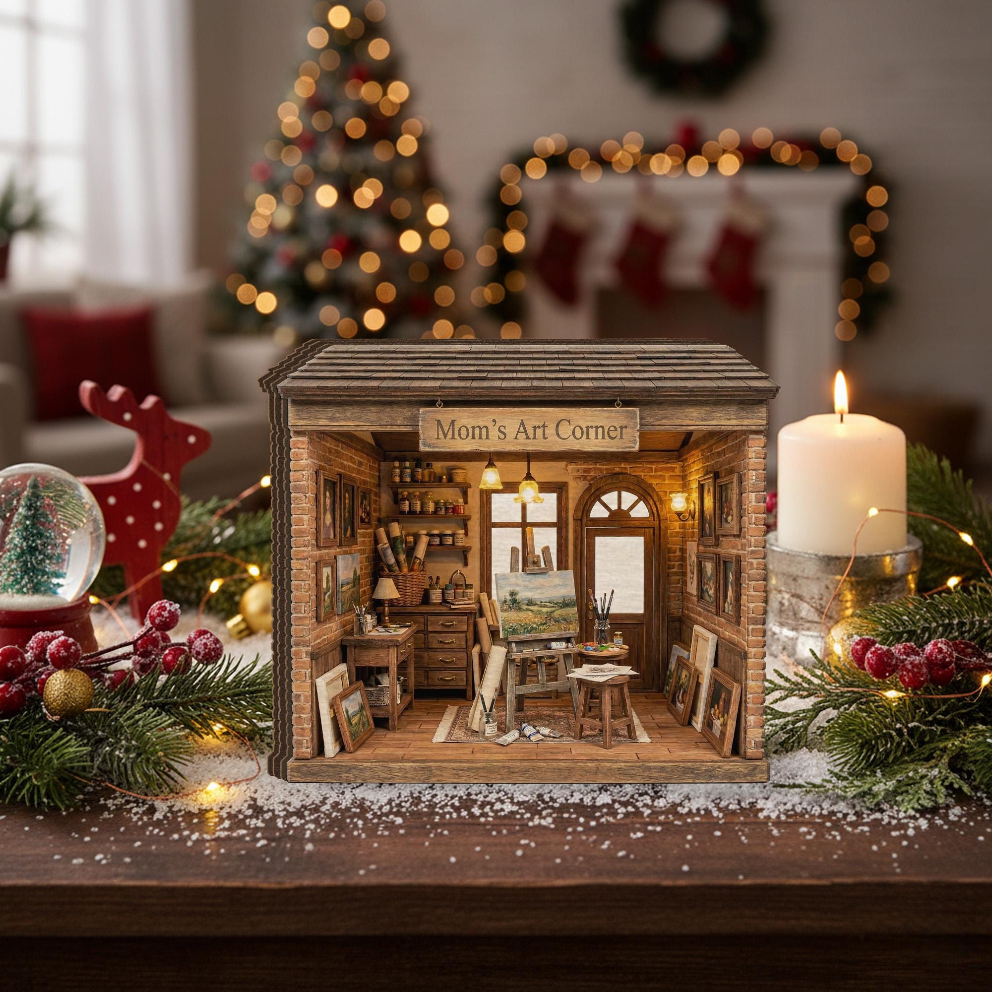 Personalized Wooden Block Art Studio Diorama, Mini Painting Room Scene with Easel and Canvas