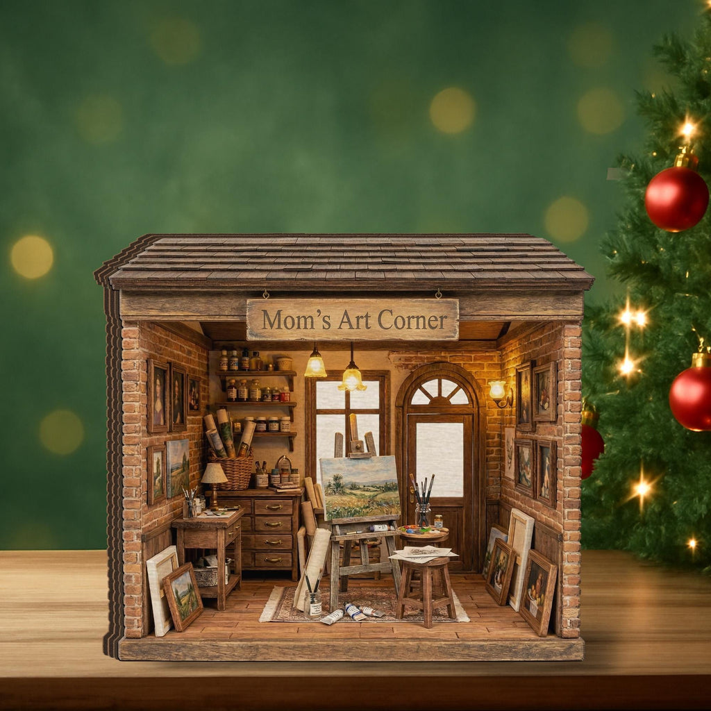 Personalized Wooden Block Art Studio Diorama, Mini Painting Room Scene with Easel and Canvas